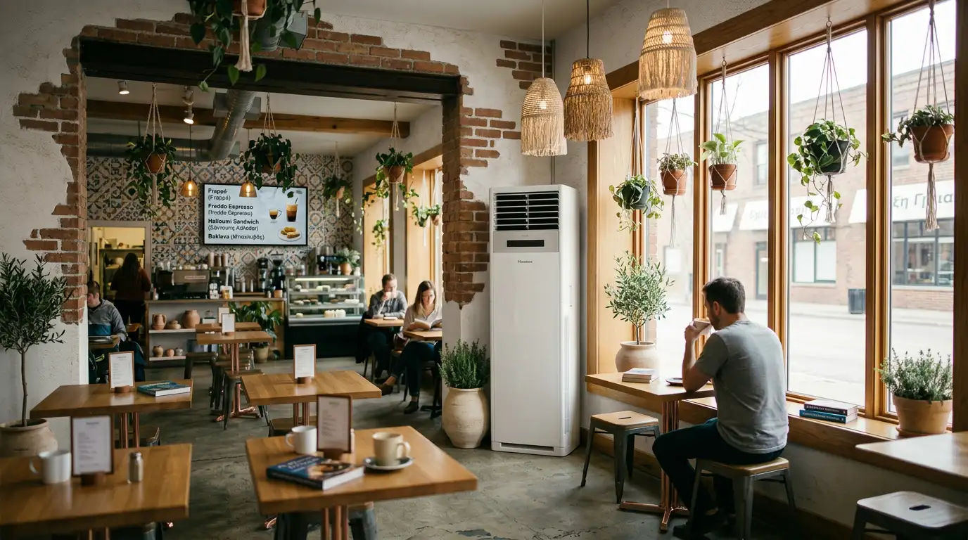 Café interior in Cyprus cooled by a floor-standing air cooler unit near a sunny window.