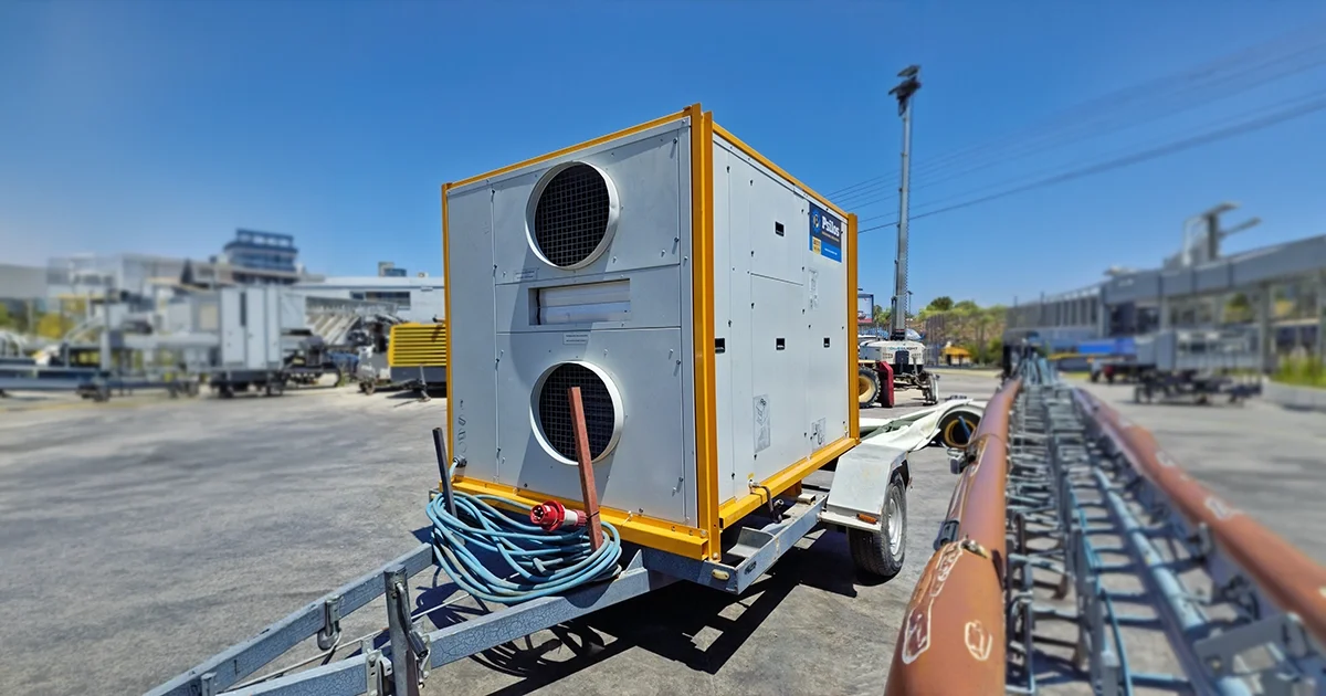 Trailer-mounted Psilos Group rooftop heat pump unit with dual fan grilles, parked outdoors on a paved yard.