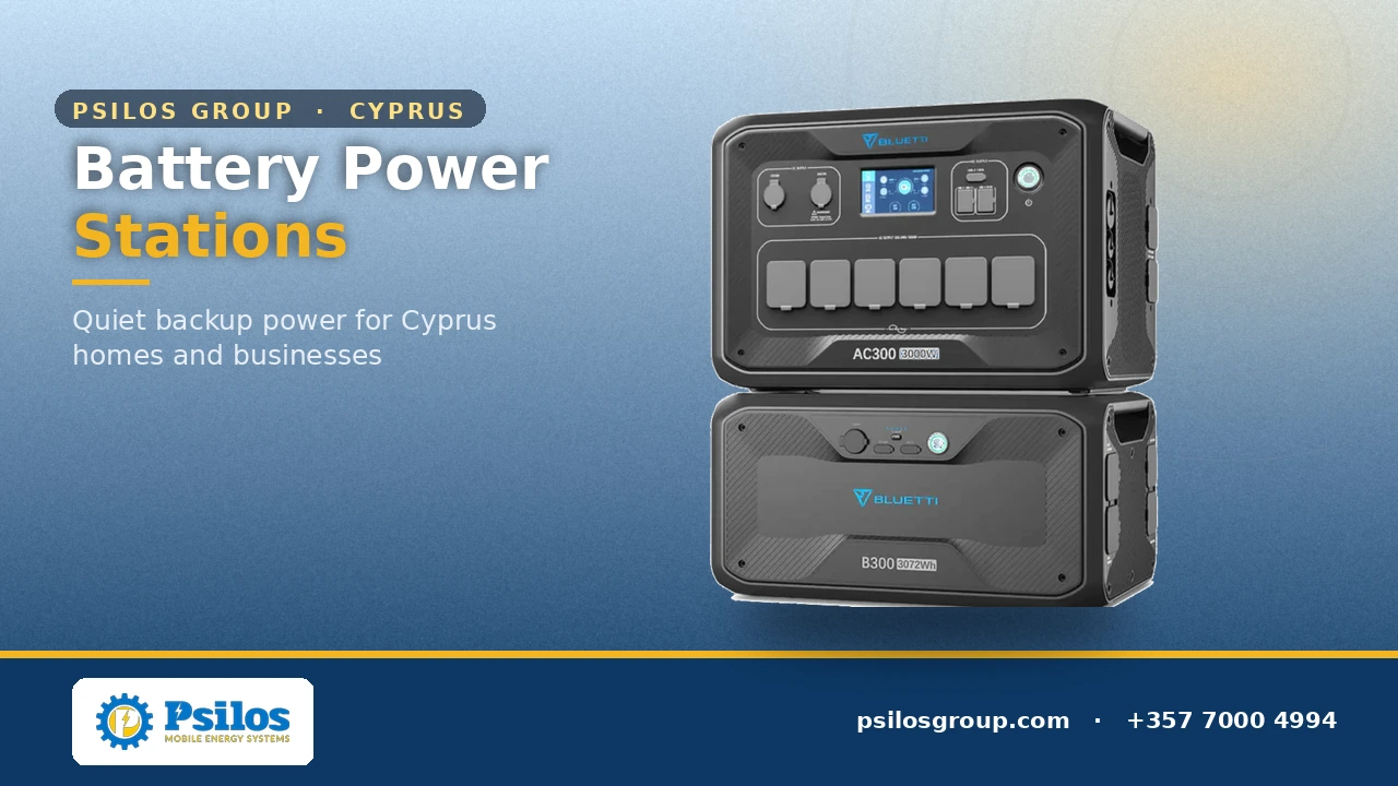 Bluetti battery power station providing silent backup power for a home in Cyprus, supplied by Psilos Group