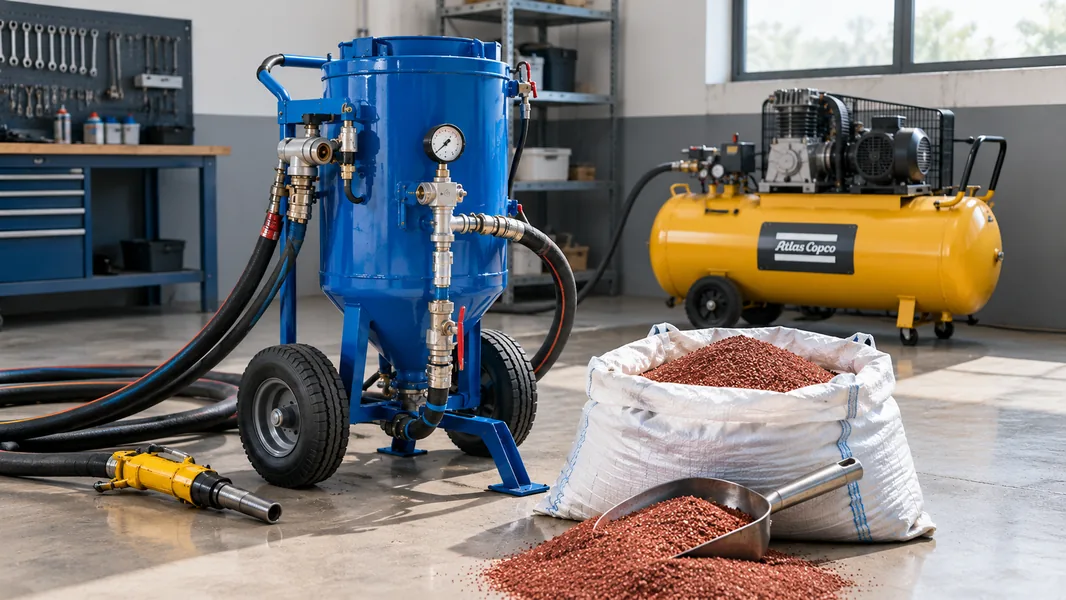 Abrasive blasting machine and garnet abrasive ready for a job in Cyprus