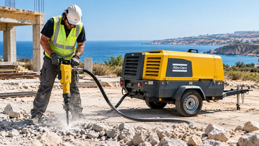 Atlas Copco diesel air compressor running a jackhammer on a construction site in Cyprus